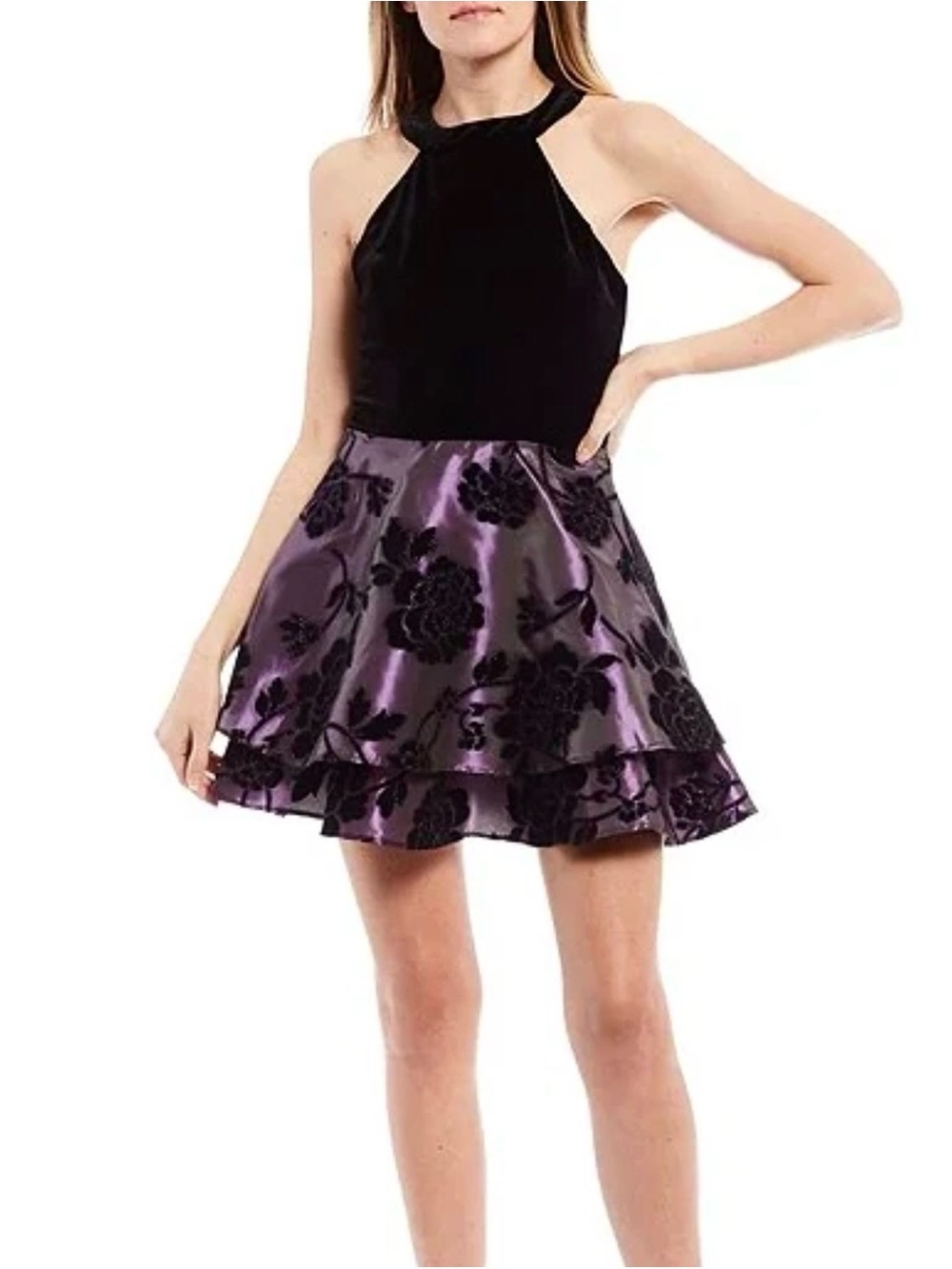 B. Darlin Dress High Neck Velvet Flocking Double Hem Mini Purple Black Party